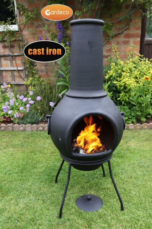 Helios Cast Iron Chiminea - front/left angle in garden