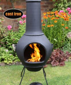 Helios Cast Iron Chiminea - front view in garden