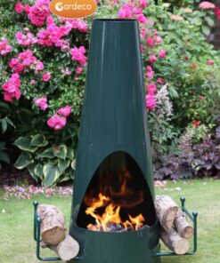 Oslo Steel Chiminea Fireplace in Green - Front view with Fire