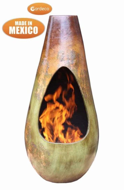Gota Mexican Art Chiminea in Mottled Green and Brown (Large) - Front view